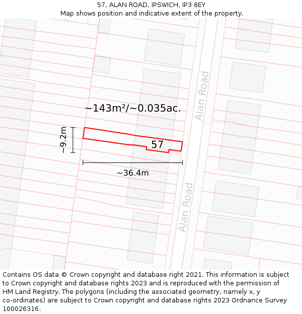 57, ALAN ROAD, IPSWICH, IP3 8EY: Plot and title map