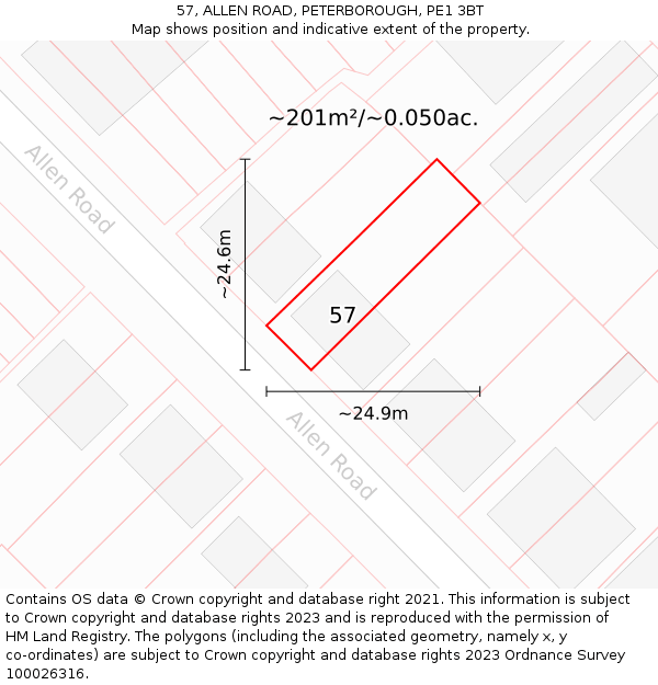 57, ALLEN ROAD, PETERBOROUGH, PE1 3BT: Plot and title map
