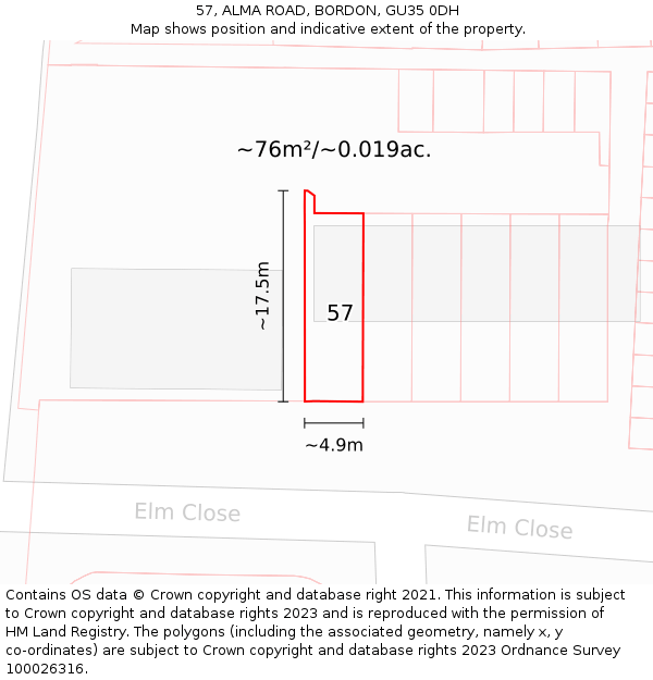 57, ALMA ROAD, BORDON, GU35 0DH: Plot and title map