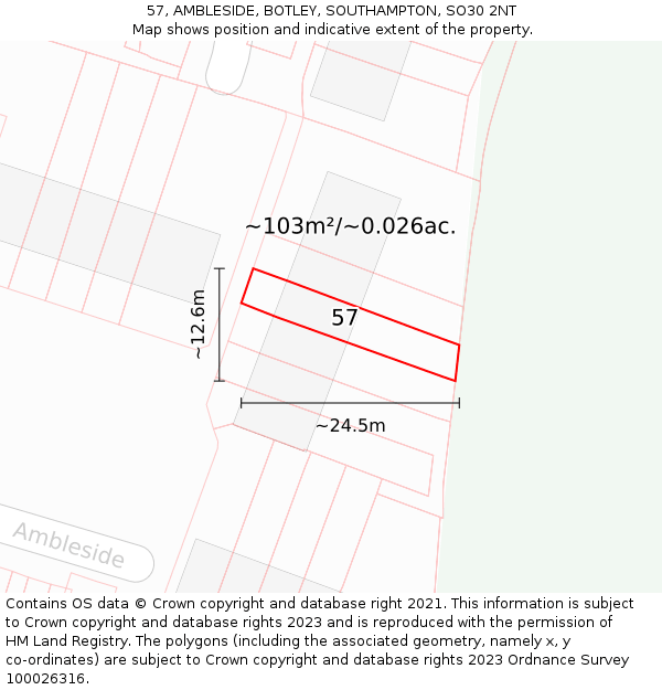57, AMBLESIDE, BOTLEY, SOUTHAMPTON, SO30 2NT: Plot and title map