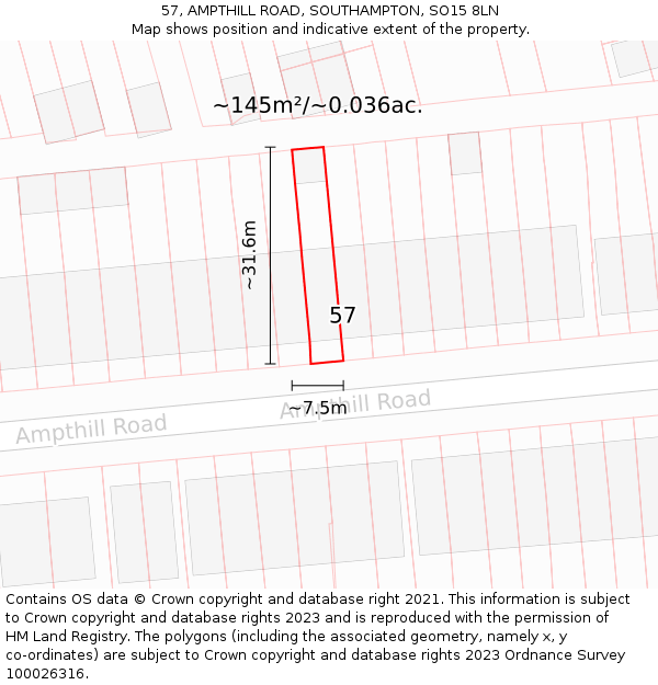 57, AMPTHILL ROAD, SOUTHAMPTON, SO15 8LN: Plot and title map