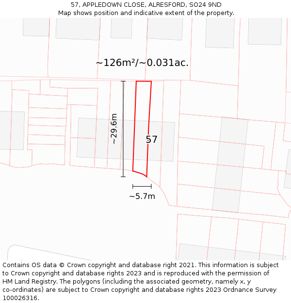 57, APPLEDOWN CLOSE, ALRESFORD, SO24 9ND: Plot and title map