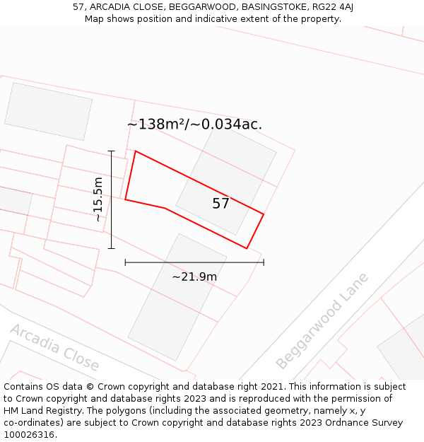 57, ARCADIA CLOSE, BEGGARWOOD, BASINGSTOKE, RG22 4AJ: Plot and title map
