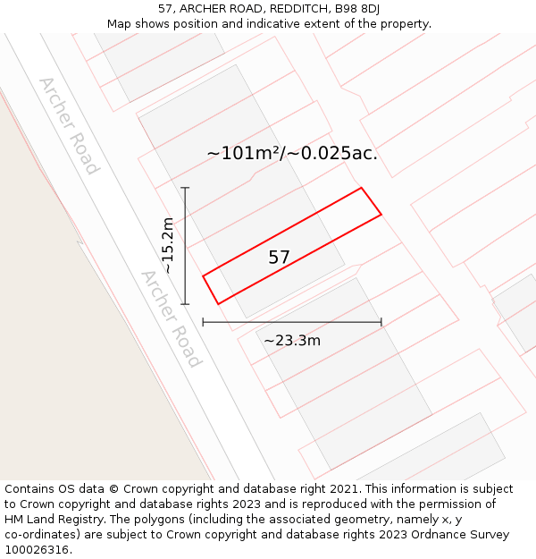 57, ARCHER ROAD, REDDITCH, B98 8DJ: Plot and title map