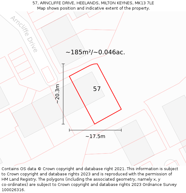 57, ARNCLIFFE DRIVE, HEELANDS, MILTON KEYNES, MK13 7LE: Plot and title map