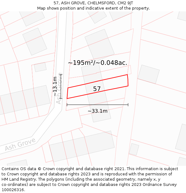 57, ASH GROVE, CHELMSFORD, CM2 9JT: Plot and title map