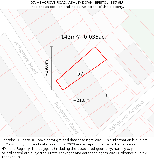 57, ASHGROVE ROAD, ASHLEY DOWN, BRISTOL, BS7 9LF: Plot and title map