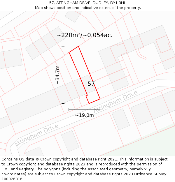 57, ATTINGHAM DRIVE, DUDLEY, DY1 3HL: Plot and title map