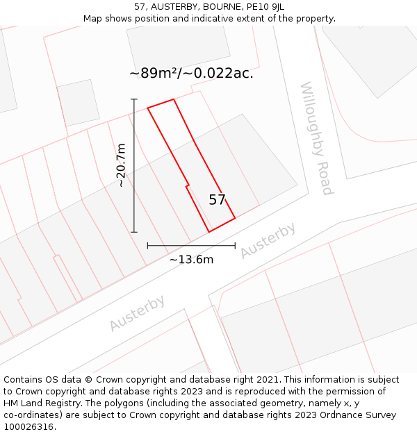 57, AUSTERBY, BOURNE, PE10 9JL: Plot and title map