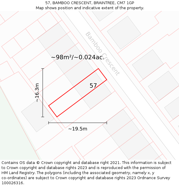 57, BAMBOO CRESCENT, BRAINTREE, CM7 1GP: Plot and title map