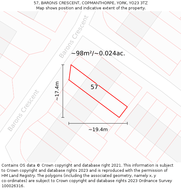 57, BARONS CRESCENT, COPMANTHORPE, YORK, YO23 3TZ: Plot and title map