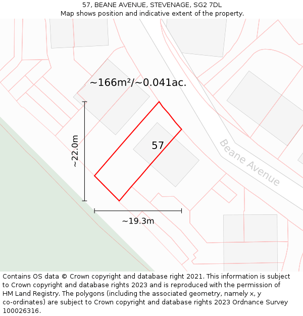 57, BEANE AVENUE, STEVENAGE, SG2 7DL: Plot and title map