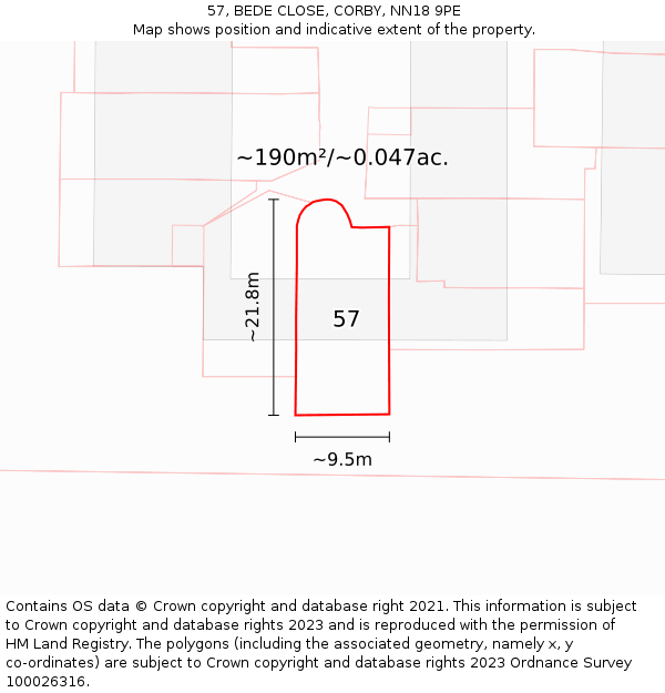 57, BEDE CLOSE, CORBY, NN18 9PE: Plot and title map