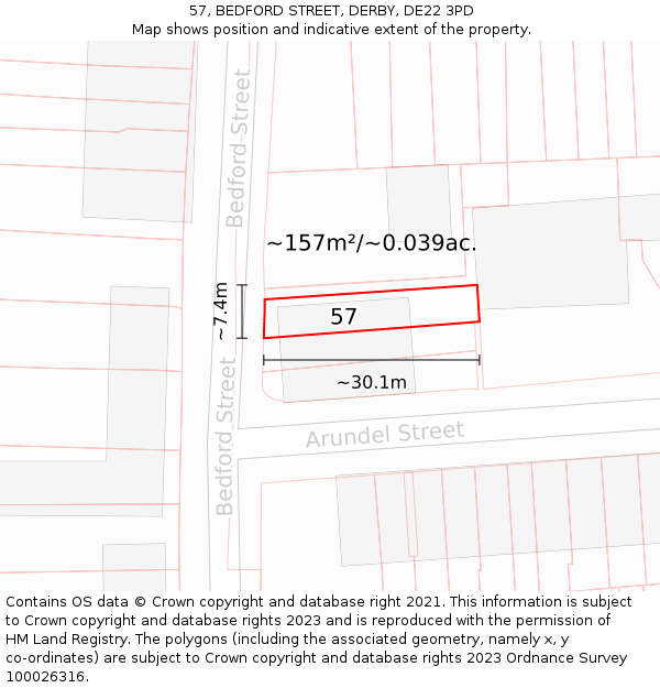 57, BEDFORD STREET, DERBY, DE22 3PD: Plot and title map