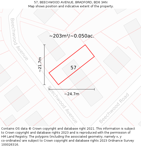 57, BEECHWOOD AVENUE, BRADFORD, BD6 3AN: Plot and title map