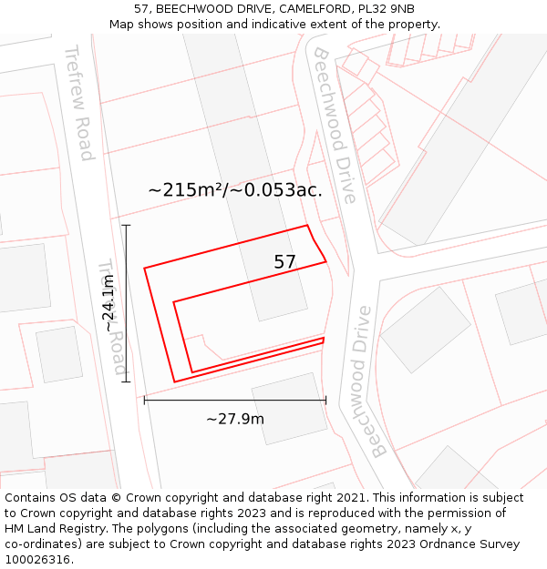 57, BEECHWOOD DRIVE, CAMELFORD, PL32 9NB: Plot and title map
