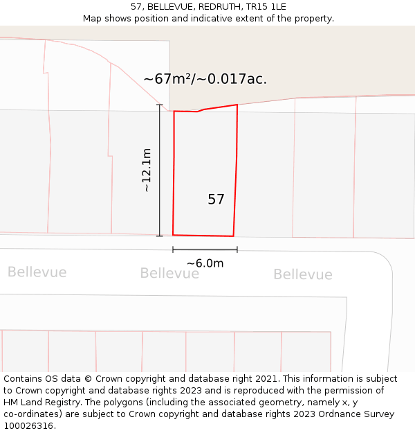 57, BELLEVUE, REDRUTH, TR15 1LE: Plot and title map