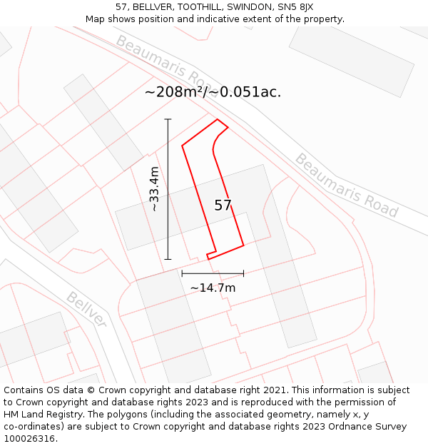 57, BELLVER, TOOTHILL, SWINDON, SN5 8JX: Plot and title map