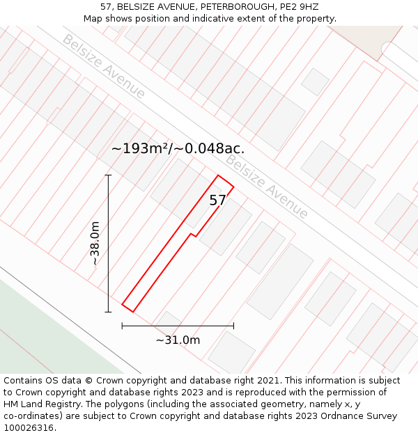 57, BELSIZE AVENUE, PETERBOROUGH, PE2 9HZ: Plot and title map