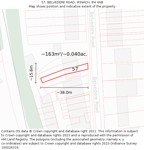 57, BELVEDERE ROAD, IPSWICH, IP4 4AB: Plot and title map