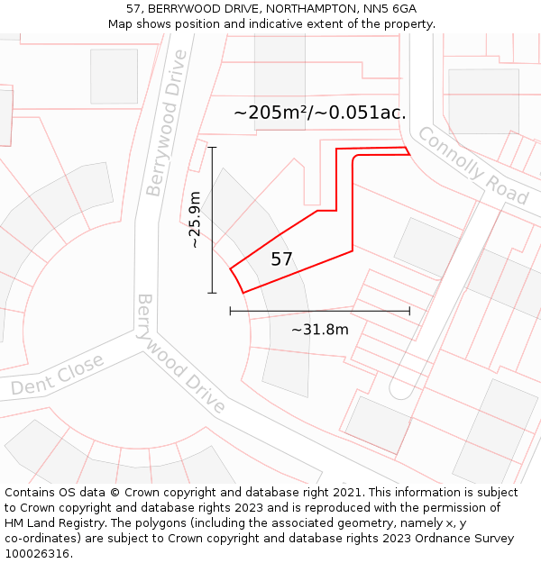 57, BERRYWOOD DRIVE, NORTHAMPTON, NN5 6GA: Plot and title map