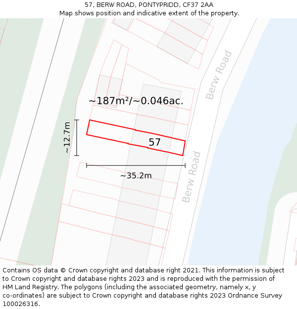 57, BERW ROAD, PONTYPRIDD, CF37 2AA: Plot and title map