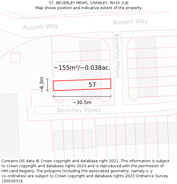 57, BEVERLEY MEWS, CRAWLEY, RH10 1UE: Plot and title map
