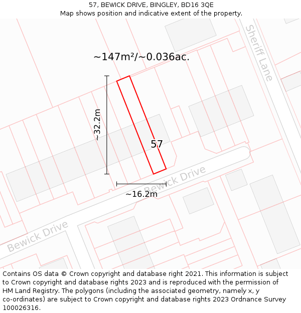 57, BEWICK DRIVE, BINGLEY, BD16 3QE: Plot and title map