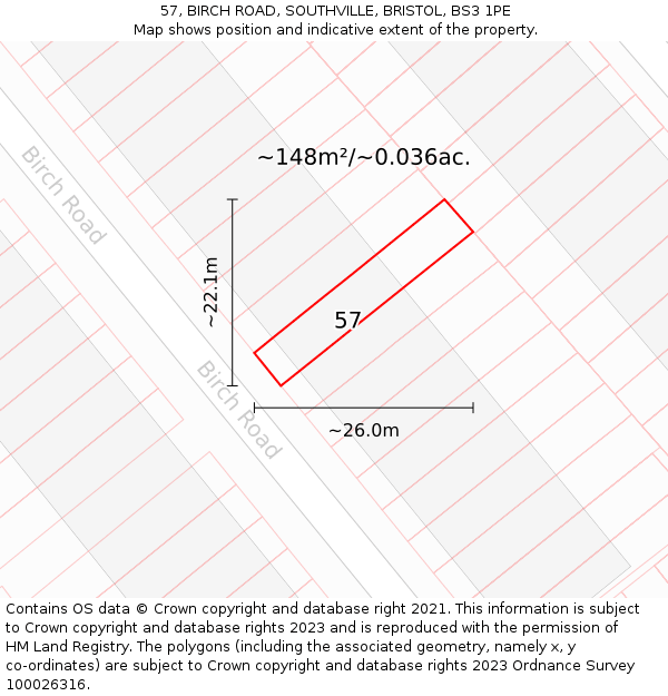 57, BIRCH ROAD, SOUTHVILLE, BRISTOL, BS3 1PE: Plot and title map