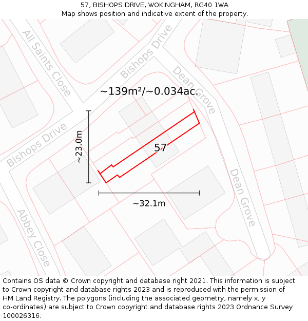 57, BISHOPS DRIVE, WOKINGHAM, RG40 1WA: Plot and title map