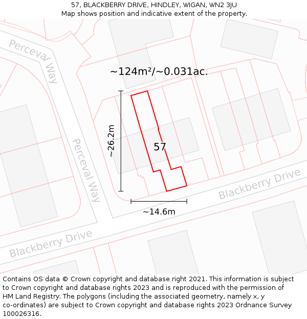 57, BLACKBERRY DRIVE, HINDLEY, WIGAN, WN2 3JU: Plot and title map