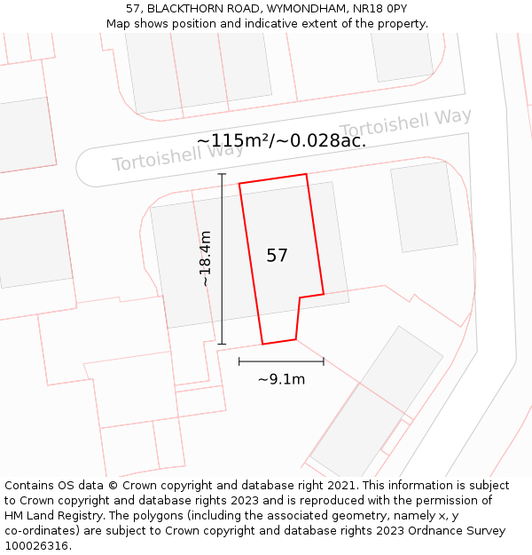 57, BLACKTHORN ROAD, WYMONDHAM, NR18 0PY: Plot and title map