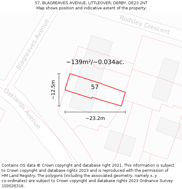 57, BLAGREAVES AVENUE, LITTLEOVER, DERBY, DE23 2NT: Plot and title map