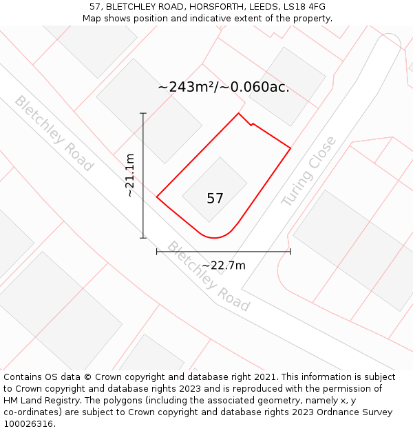57, BLETCHLEY ROAD, HORSFORTH, LEEDS, LS18 4FG: Plot and title map