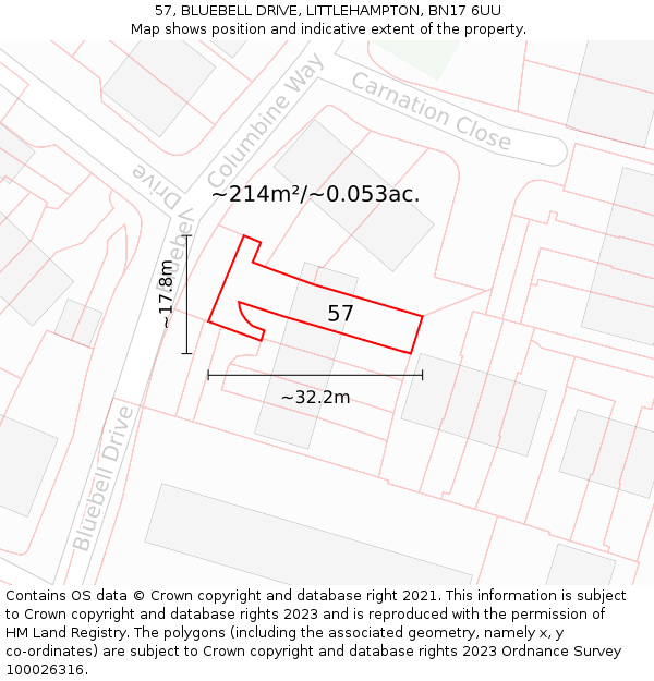 57, BLUEBELL DRIVE, LITTLEHAMPTON, BN17 6UU: Plot and title map