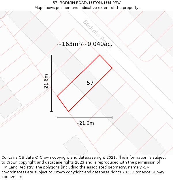 57, BODMIN ROAD, LUTON, LU4 9BW: Plot and title map
