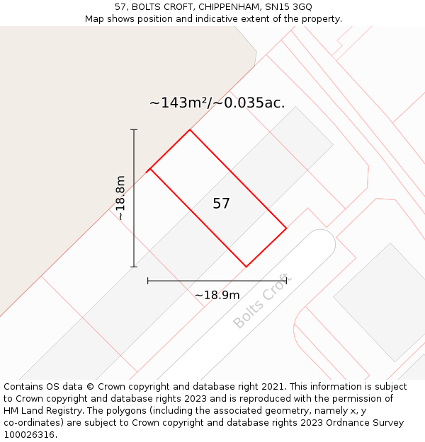 57, BOLTS CROFT, CHIPPENHAM, SN15 3GQ: Plot and title map