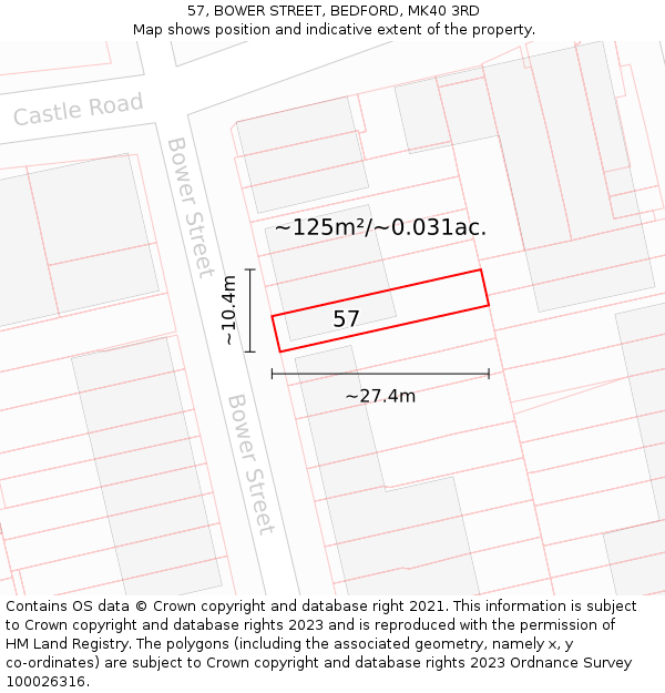 57, BOWER STREET, BEDFORD, MK40 3RD: Plot and title map