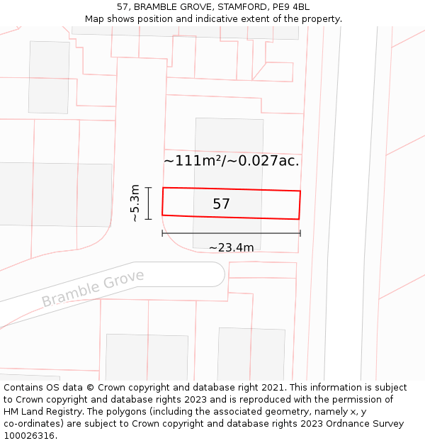 57, BRAMBLE GROVE, STAMFORD, PE9 4BL: Plot and title map