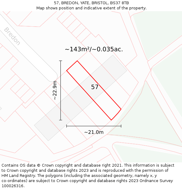 57, BREDON, YATE, BRISTOL, BS37 8TB: Plot and title map
