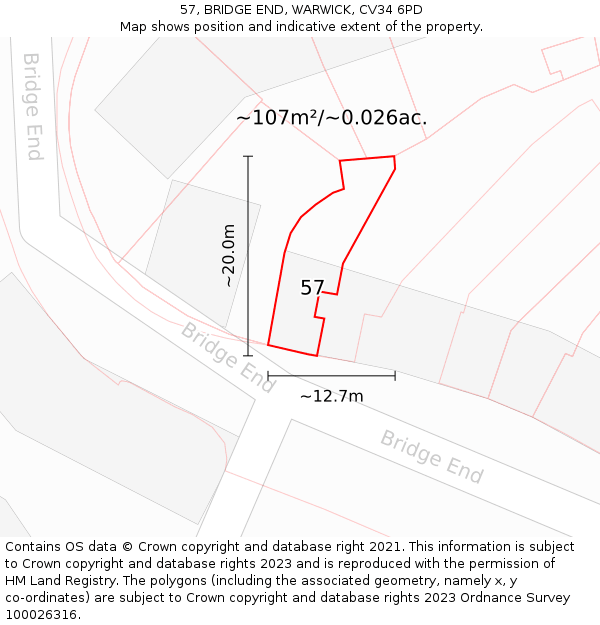 57, BRIDGE END, WARWICK, CV34 6PD: Plot and title map