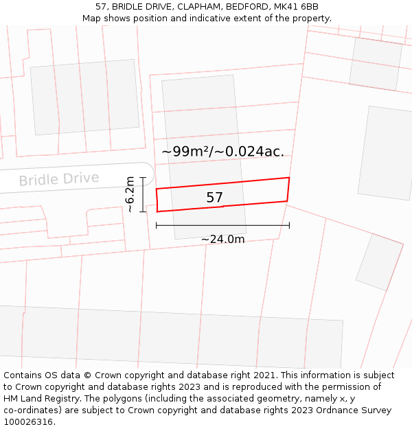 57, BRIDLE DRIVE, CLAPHAM, BEDFORD, MK41 6BB: Plot and title map