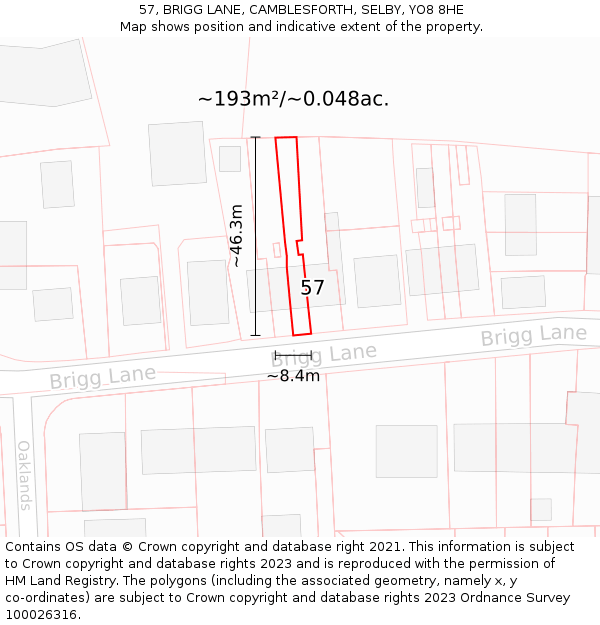 57, BRIGG LANE, CAMBLESFORTH, SELBY, YO8 8HE: Plot and title map
