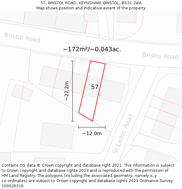 57, BRISTOL ROAD, KEYNSHAM, BRISTOL, BS31 2WA: Plot and title map