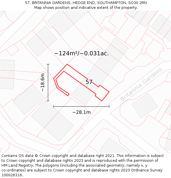 57, BRITANNIA GARDENS, HEDGE END, SOUTHAMPTON, SO30 2RN: Plot and title map