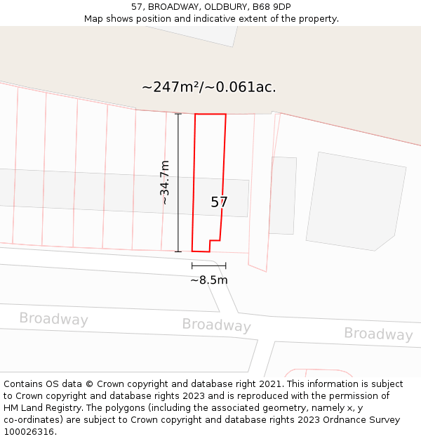 57, BROADWAY, OLDBURY, B68 9DP: Plot and title map