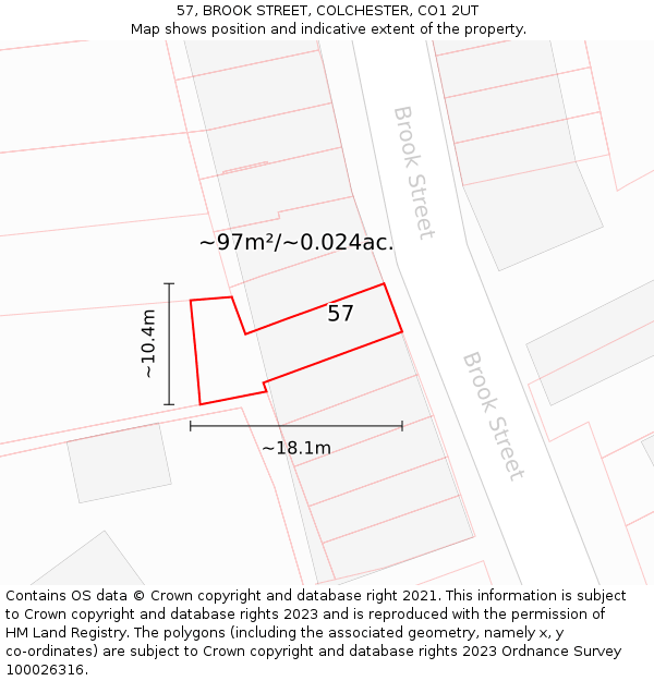 57, BROOK STREET, COLCHESTER, CO1 2UT: Plot and title map