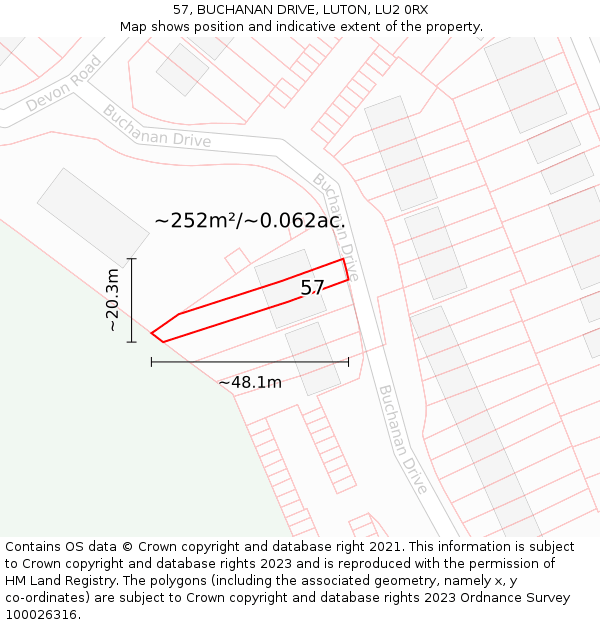57, BUCHANAN DRIVE, LUTON, LU2 0RX: Plot and title map