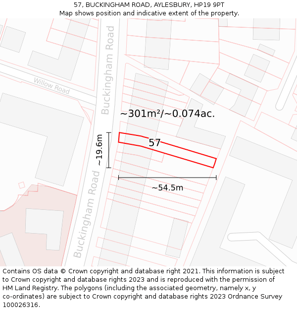 57, BUCKINGHAM ROAD, AYLESBURY, HP19 9PT: Plot and title map