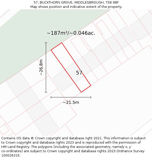 57, BUCKTHORN GROVE, MIDDLESBROUGH, TS8 9BF: Plot and title map